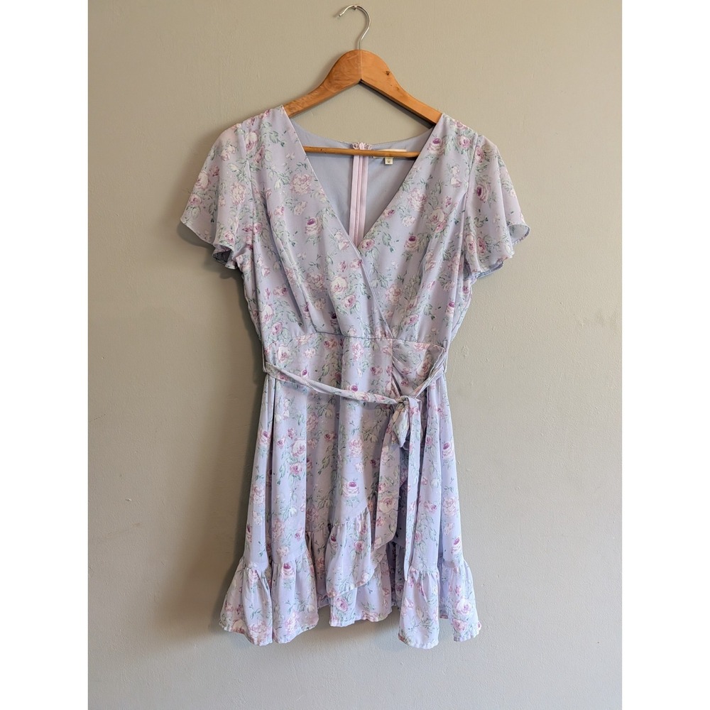 Pastel Floral Dress Fairy Coquette Twee Flutter Sleeve Purple Medium Faux Wrap - Picture 3 of 16